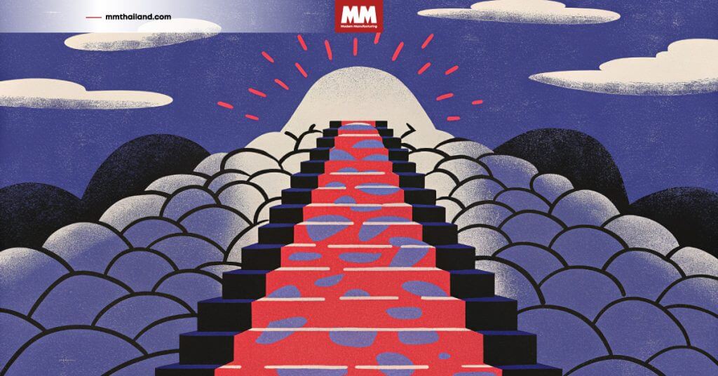 ภาพเชิงนามธรรมของบันไดสลับขั้นสีดำและแดงสื่อถึง “ความล้มเหลว” ที่กลายเป็นบันไดสู่ “ความสำเร็จ” ก้าวขึ้นไปยังยอดเขาท่ามกลางทิวเขาสีม่วงและท้องฟ้าสีคราม มีลำแสงสีแดงเรืองรองจากยอดเขา สะท้อนแนวคิดการเรียนรู้จากข้อผิดพลาดเพื่อพัฒนาภาวะผู้นำ