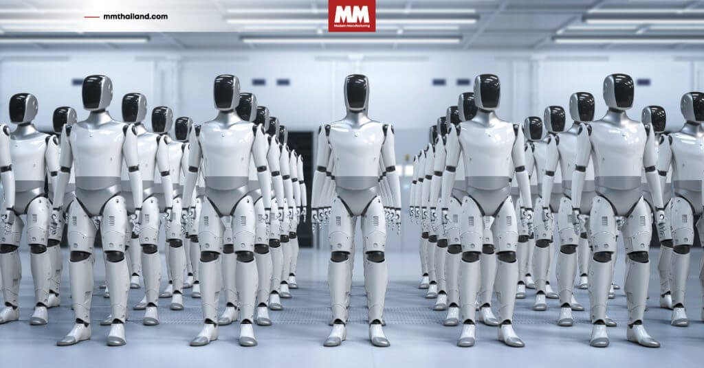 หุ่นยนต์ Humanoid หลายตัวยืนเรียงกัน