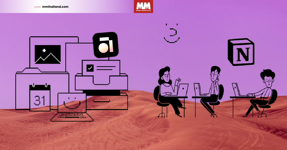 ภาพตัวละครกำลังทำงาน และมีโลโก้ของ Notion และ Anytype