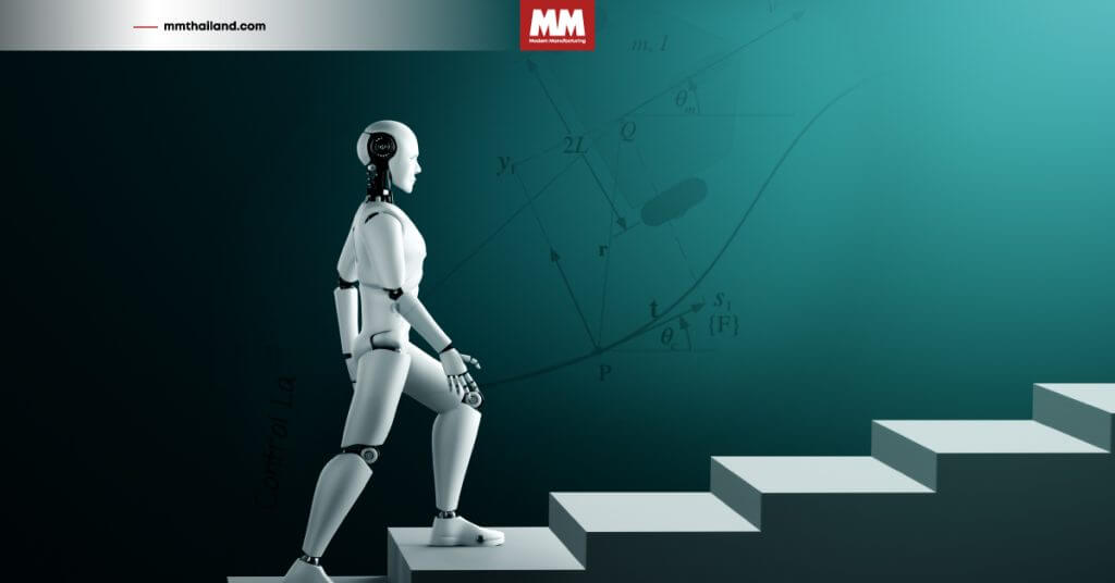 หุ่นยนต์ที่กำลังเคลื่อนที่ขึ้นไปตามบันได แสดงถึงการควบคุมให้หุ่นไปตามเส้นทางที่กำหนด