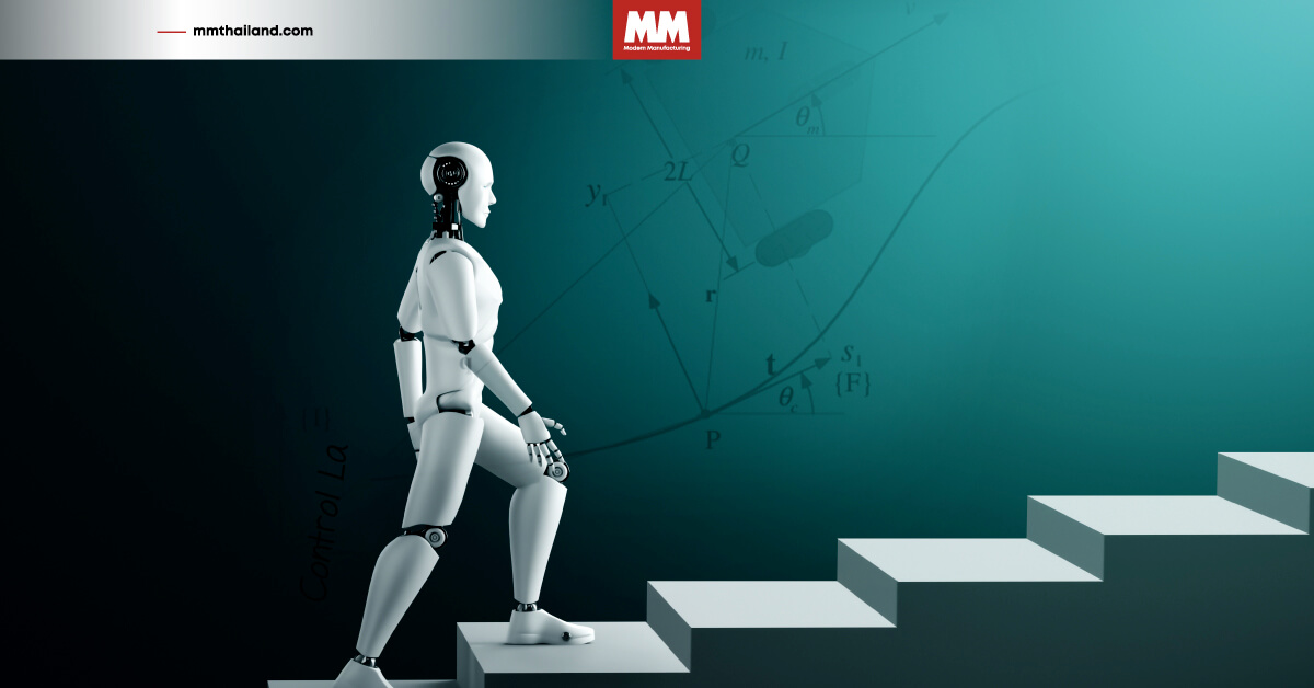 หุ่นยนต์ที่กำลังเคลื่อนที่ขึ้นไปตามบันได แสดงถึงการควบคุมให้หุ่นไปตามเส้นทางที่กำหนด