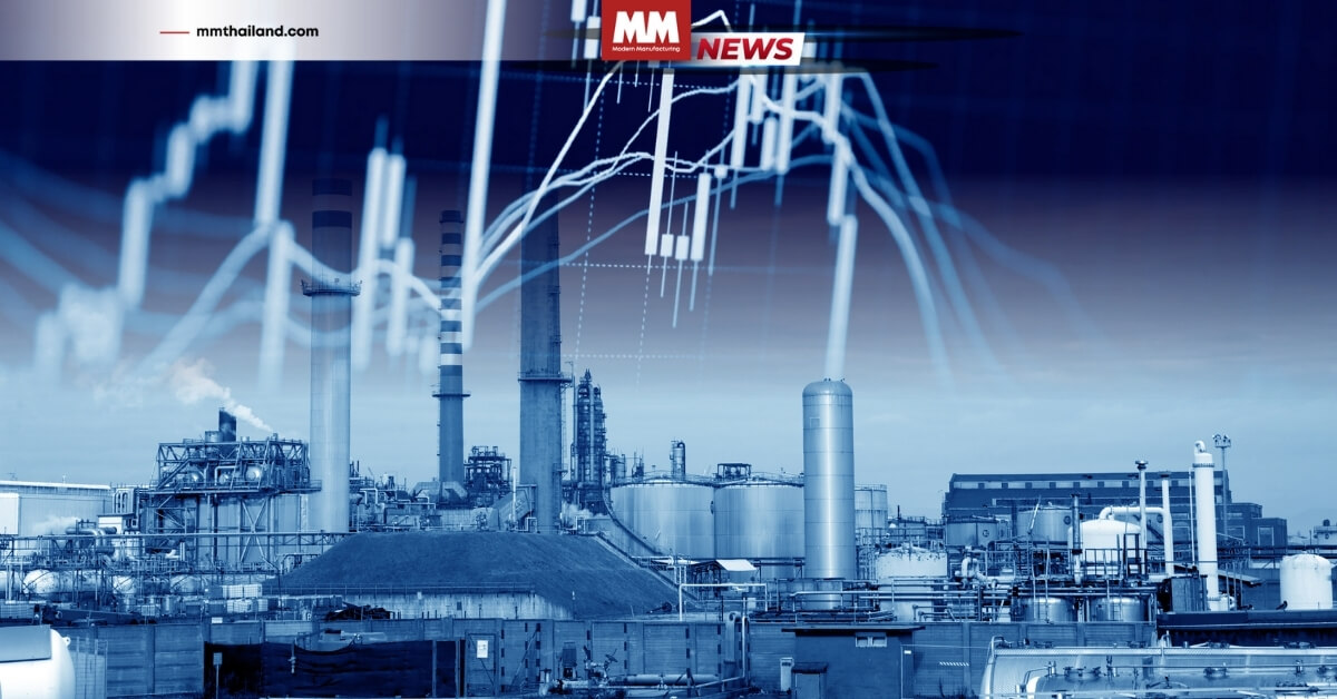 โรงงานที่มีพื้นหลังเป็นกราฟแท่งเทียนดัชนีเชื่อมั่น